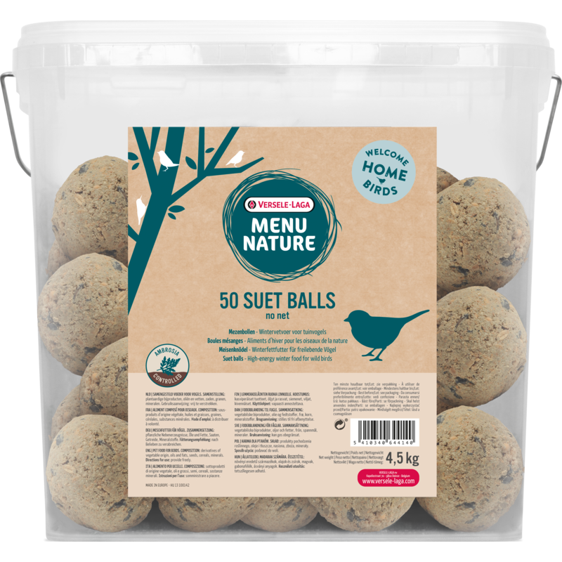 Menu Nature 50 suet balls NO net 4,5kg - Boule mésanges - aliment d'hiver gras (sans filet, sans plastique, dans seau) Menu Nature 50 suet balls NO net 4,5kg - Boule mésanges - aliment d'hiver gras (sans filet, sans plastique, dans seau)