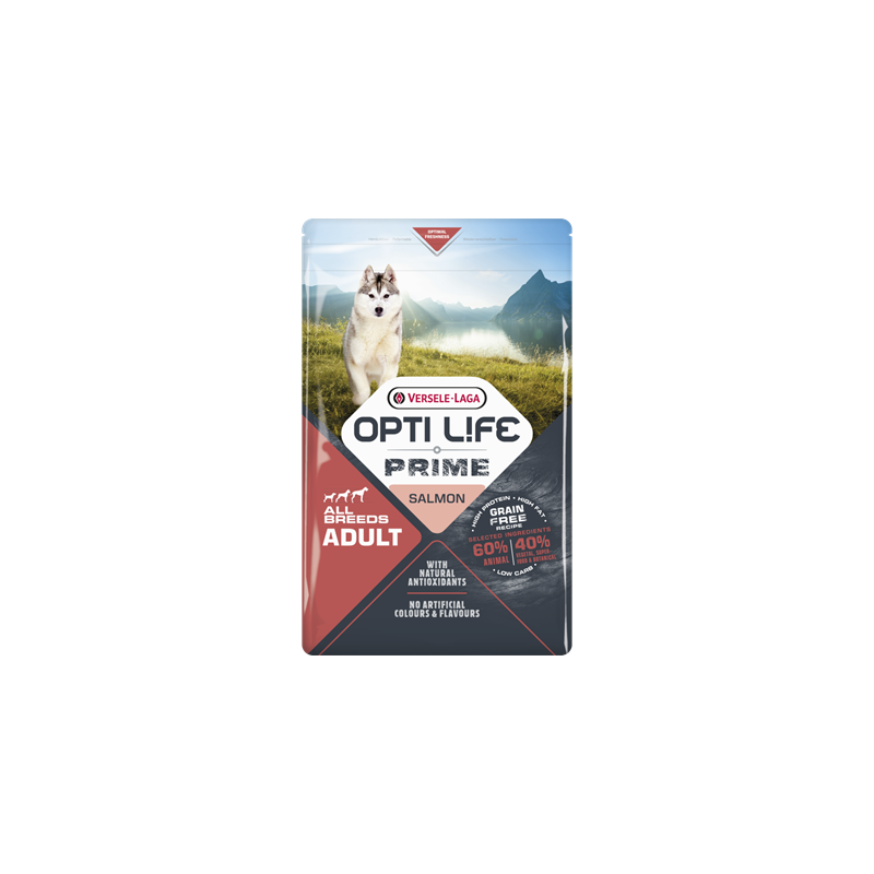 Prime Adult All breeds sans céréales au saumon 2,5kg - Opti Life Prime Adult All breeds sans céréales au saumon 2,5kg - Opti Life