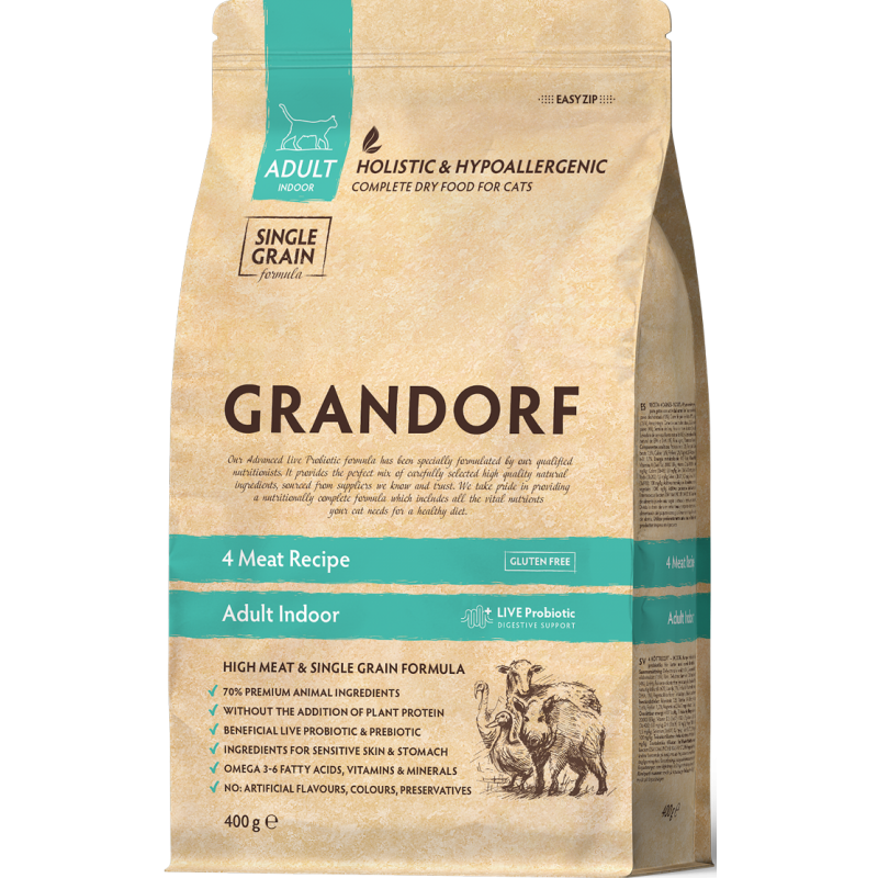 Chat Indoor - 4 Viandes 400gr - Grandorf Chat Indoor - 4 Viandes 400gr - Grandorf