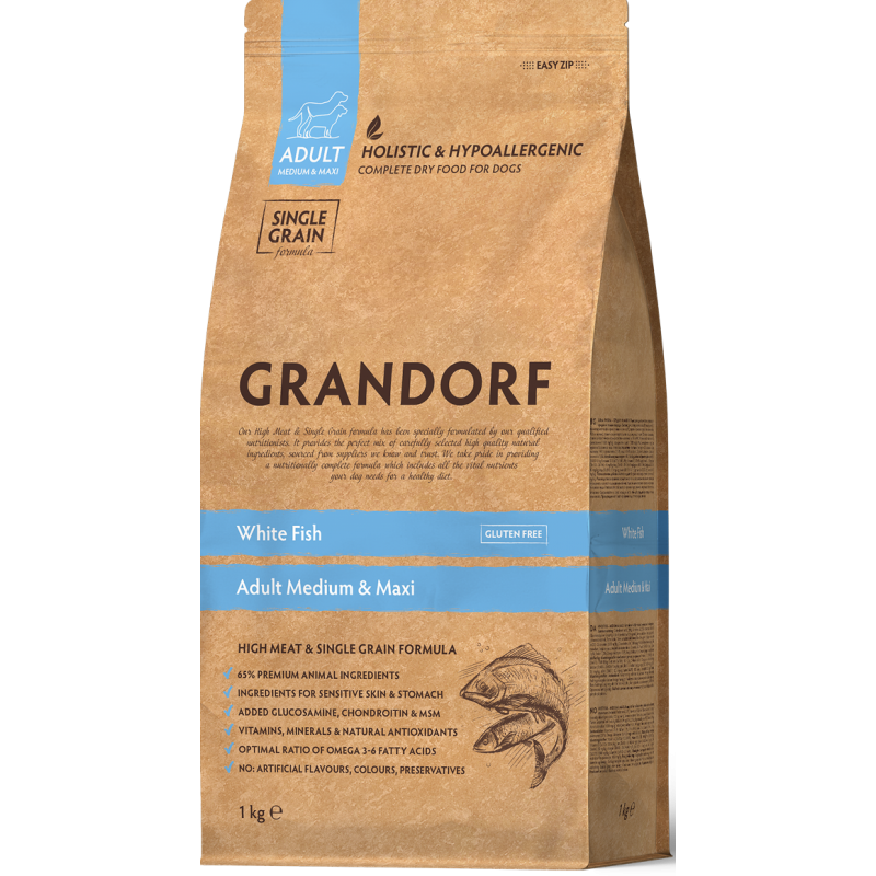 Chien Adult Medium & Maxi Races - Poisson Blanc 1kg - Grandorf