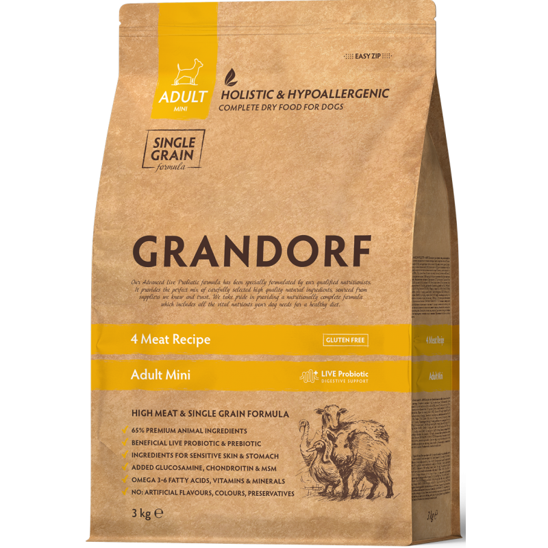 Chien Adult Mini Races - 4 Viandes 3kg - Grandorf Chien Adult Mini Races - 4 Viandes 3kg - Grandorf