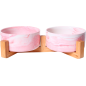 Gamelle Double en Céramique Rose Marbré avec support en Bambou 2x850ml - Animal Boulevard