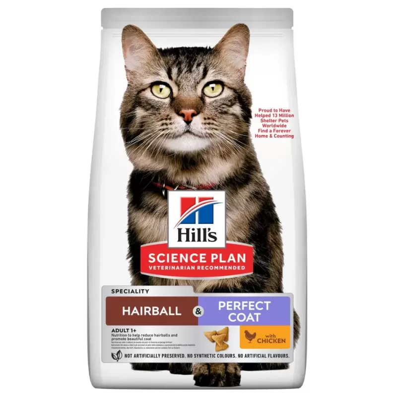 Hairball & Perfect Coat - Croquettes pour Chat Adulte - au Poulet 3kg - Hill's