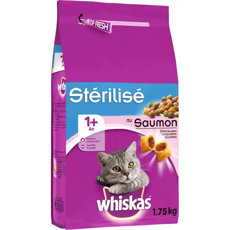 Croquettes pour Chats Adultes Stérilisés 1+ Saumon 1,75kg - Whiskas