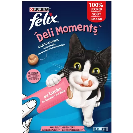Deli Moments friandises liquides pour chat Saveur Saumon 4x10gr - Felix à 2,15 € - Purina - 12602768 - Friskies