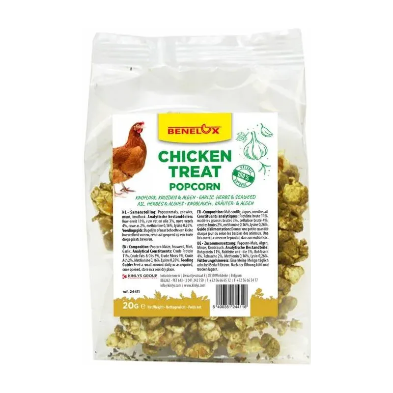 Mélange de Snack pour poules à l'ail, herves et algues pop-corn 20gr - Benelux Mélange de Snack pour poules à l'ail, herves et algues pop-corn 20gr - Benelux