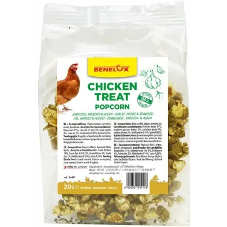 Mélange de Snack pour poules à l'ail, herves et algues pop-corn 20gr - Kinlys à 2,45 € - Kinlys - 24411 - Nourriture