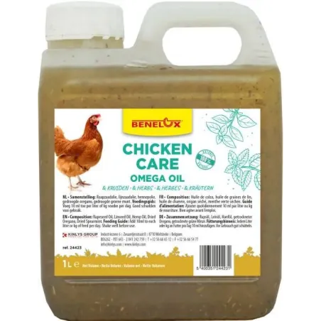 Huile Omega aux Herbes pour Poules 1L - Benelux à 16,95 € - Kinlys - 24423 - Complément Alimentaire