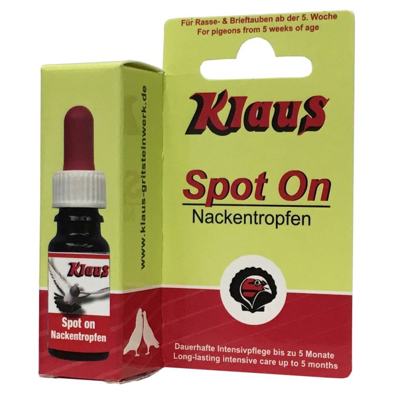 Spot On (drops to the neck birds and pigeons - 5 months) - 10ml Klaus 37001 Klaus 12,89 € Ornibird Spot On (drops to the neck birds and pigeons - 5 months) - 10ml Klaus 37001 Klaus 12,89 € Ornibird