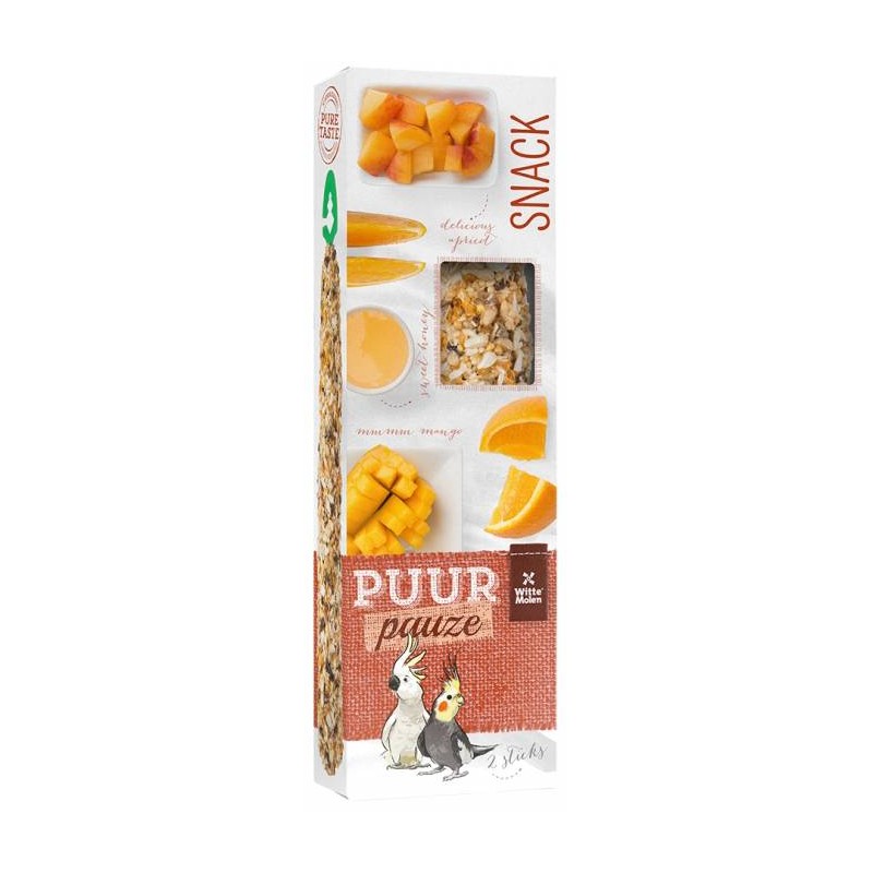 Puur Pauze Sticks Grande Perruche & Cacatoès fruits & miel 140gr - Witte Molen Puur Pauze Sticks Grande Perruche & Cacatoès fruits & miel 140gr - Witte Molen